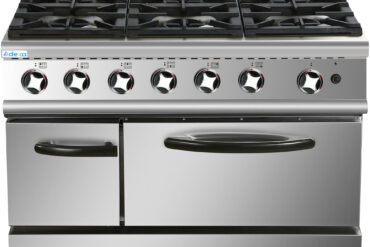 Ammattikäyttöinen ruostumattomasta teräksestä valmistettu kaasuliesi-uuni, jossa on 6 poltinta | Adexa HGR776