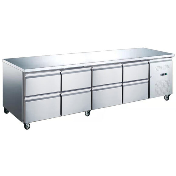 Ammattimainen matala kylmätiskialusta / kokkipohja 8 laatikolla 2230x700x650mm | Adexa UGN4180