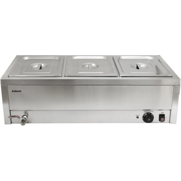 Kaupallinen Bain Marie 3 x GN1/2 -säiliöt & kannet, tyhjennysventtiili | Adexa BR08045