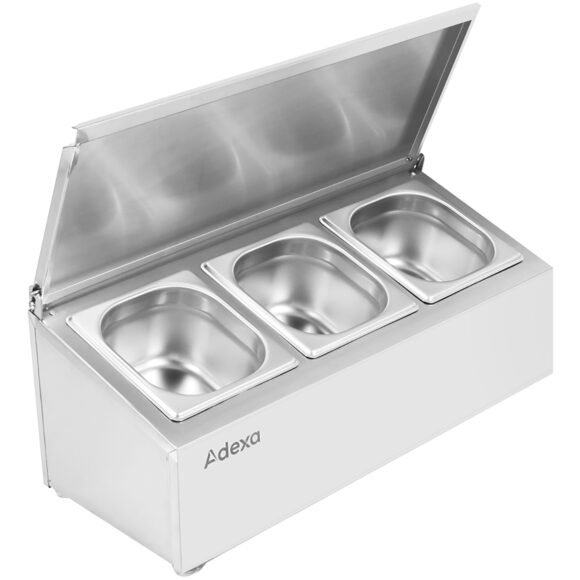 Kaupallinen mausteiden pidike kannella, sisältäen 3xGN1/6-100mm astiaa, ruostumaton teräs | Adexa CHD03AFL