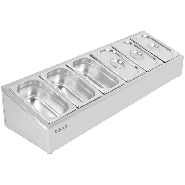 Kaupallinen mausteteline 6xGN1/4-100mm astioilla kannella, ruostumaton teräs | Adexa CHE06A