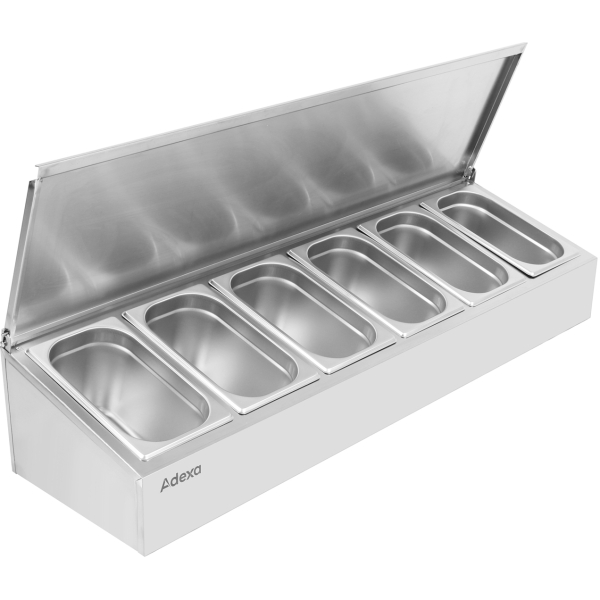 Kaupallinen mausteteline kannella, sisältäen 6xGN1/4-100mm astiat, ruostumaton teräs | Adexa CHE06AFL