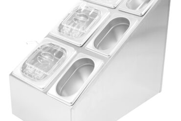 Kaupallinen maustesäiliöteline, sisältää 3xGN1/6 + 3xGN1/9 pannua urallisilla kansilla ja kauhoilla | Adexa CHM01
