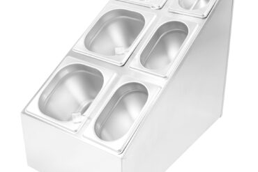 Kaupallinen maustepannujen pidike, sisältää 3x GN1/6 + 3x GN1/9 pannua & kauhat | Adexa CHM01DPCFL
