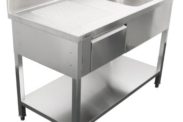 Kaupallinen pesuallas Ruostumaton teräs 1500x700x900mm 1 allas oikealla 1 laatikko roiskesuoja | Adexa DSA150701DR