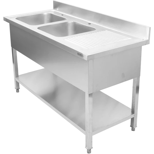 Kaupallinen kaksoisallas ruostumatonta terästä 1400x700x950mm 2 allasta vasemmalla roiskeensuojalla | Adexa DSD1470L