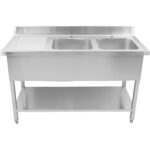 Kaupallinen kaksinkertainen pesuallas ruostumatonta terästä 1500x600x950mm 2 allasta oikealla roiskelevyllä | Adexa DSD1560R - Image 5