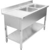 Kaupallinen kaksoisallas ruostumatonta terästä 1500x700x950mm, 2 allasta oikealla, roiskesuojalla | Adexa DSD1570R