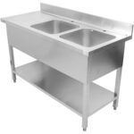 Kaupallinen kaksinkertainen pesuallas ruostumatonta terästä 1500x600x950mm 2 allasta oikealla roiskelevyllä | Adexa DSD1560R - Image 2