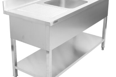 Kaupallinen kaksinkertainen tiskiallas, ruostumaton teräs 1400x600x950mm, 2 altaat oikealla, roiskesuoja | Adexa DSD1460R