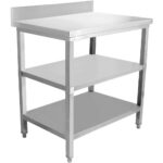 Kaupallinen työpöytä ruostumattomasta teräksestä, 3 tasoa, roiskesuoja, neliskanttiset jalat 800x700x900mm | Adexa DW3T8070B