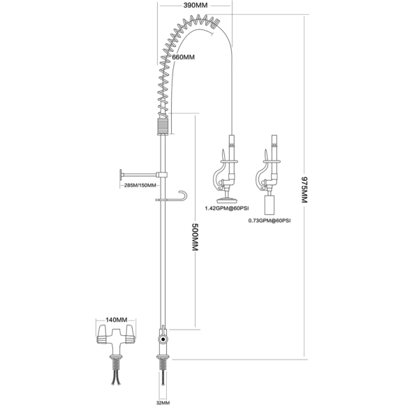 Esihuuhtelu-suihkuyksikkö Tasokiinnitys Kaksoissyöttö Korkeus 1000 mm Ruostumaton teräs | Adexa EQ2801A - Image 2