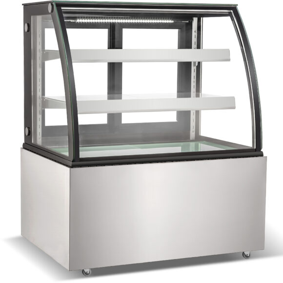 Kakkutiski, kaareva etuosa 900x700x1200mm, 2 hyllyä, ruostumattomasta teräksestä valmistettu jalusta, LED | Adexa GN900CF2