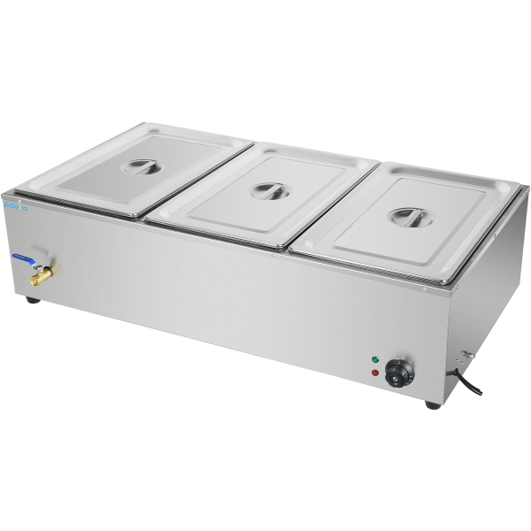 Kaupallinen XL Bain Marie viemärikahvalla 3xGN1/1 Sis. 3 astiaa kannella | Adexa HB3XL