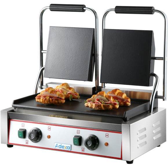 Raskaaseen käyttöön tarkoitettu sileäpintainen kaksiosainen paninigrilli, 3.6 kW, kaksoisalue | Adexa HEG813B