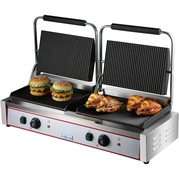 Raskas Twin XL Panini Kontaktigrilli Ribbed 4.4kW Kaksialueinen | Adexa HEG813E