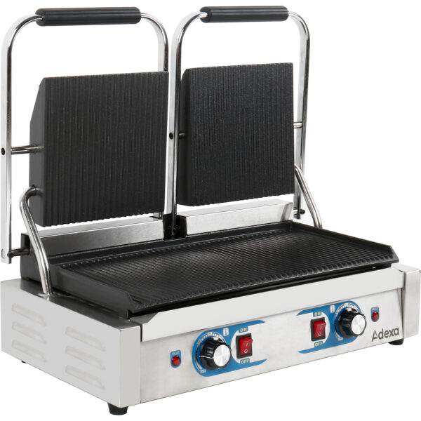 Raskaan sarjan kaksiosainen Panini-kontaktigrilli, kaksoisvyöhyke 3,6 kW, uritettu | Adexa MLP813