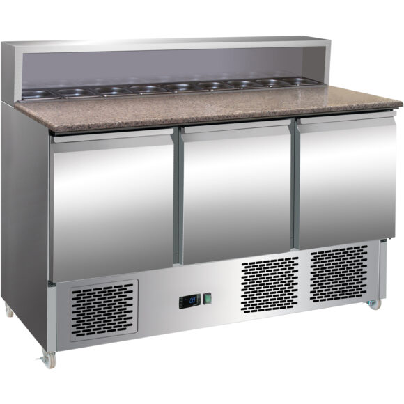 Pizzavalmistuspöytä 3 ovea Ruostumaton teräs Pizza-taso 8xGN1/6 Syvyys 700mm | Adexa PZ33
