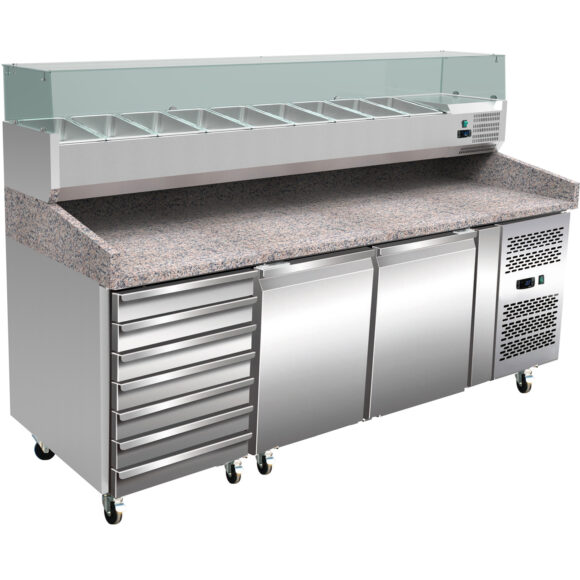 Pizza Valmistelutiski 2 ovea 7 laatikkoa Graniittitaso Jääkaappikylmä Näyttötaso 9xGN1/3 Syvyys 150mm | Adexa PZ46+PT36