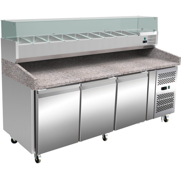 Pizza-valmistuspöytä/tiski 3 ovea Graniittitaso Jäähdytetty Laskuritason näyttö 9xGN1/3 Syvyys 150mm | Adexa PZ36+PT36