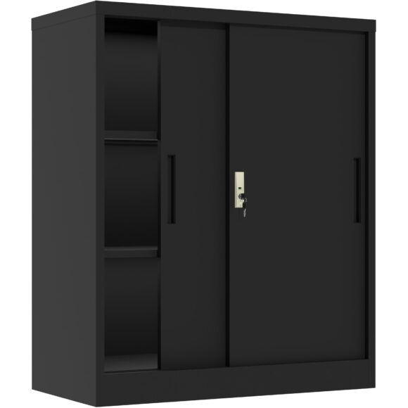 Ammattimainen metallinen säilytyskaappi, 2 liukuovea, 900x400x900 mm, lukko, 2 säädettävää hyllyä, musta | Adexa SEFC9B