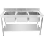 Kaupallinen pesuallas, ruostumaton teräs 1500x600x900mm, 3 allasta, roiskesuoja | Adexa STD345A - Image 2