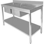 Kaupallinen pesuallas Ruostumaton teräs 2000x600x850 mm 2 allasta vasemmalla tyhjennyslevyllä roiskesuojalla alahyltyllä | Adexa STT2060L