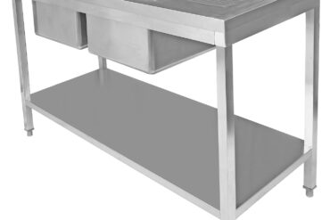 Kaupallinen Pesuallas Ruostumaton teräs 1500x600x850mm 2 allasta vasemmalla, työtaso, roiskesuoja, aluskaappi | Adexa STT1560L