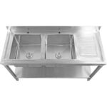 Kaupallinen Pesuallas Ruostumaton Teräs 1800x600x900mm 2 Allasta Vasemmalla Valutuslevyllä Roiskesuoja Alahyllyllä | Adexa STT1860L - Image 7