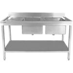 Kaupallinen pesuallas Ruostumaton teräs 2000x600x850 mm 2 allasta vasemmalla tyhjennyslevyllä roiskesuojalla alahyltyllä | Adexa STT2060L - Image 5