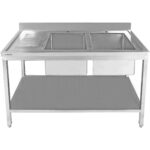 Kaupallinen pesuallas Ruostumaton teräs 2000x600x850 mm 2 allasta vasemmalla tyhjennyslevyllä roiskesuojalla alahyltyllä | Adexa STT2060L - Image 3