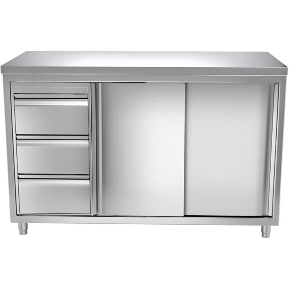 Kaupallinen Työtasokaappi 3 laatikkoa vasemmalla 2 liukuovea Ruostumatonta terästä Leveys 1600x700x850mm | Adexa VTC167L3