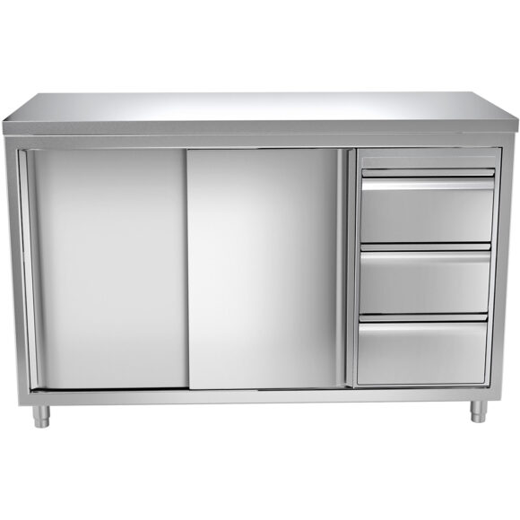 Kaupallinen Työtason Lattiakaappi 3 laatikkoa Oikea 2 liukuovea Ruostumaton teräs Leveys 1600x600x850mm | Adexa VTC166R3