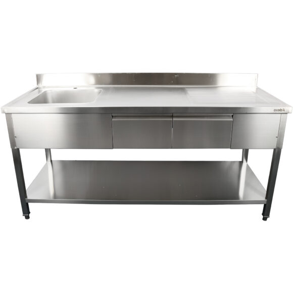 Kaupallinen pesuallas, jossa on 2 laatikkoa, Ruostumaton teräs, 1 allas, Vasemmalla, Alahylly, Roiskesuoja, 1800x600x900mm | Adexa DSA180602DL - Image 2