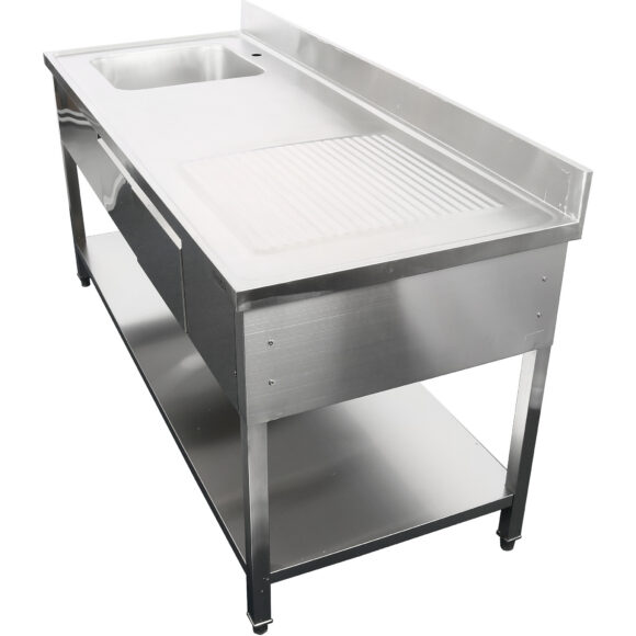 Kaupallinen pesuallas, jossa on 2 laatikkoa, Ruostumaton teräs, 1 allas, Vasemmalla, Alahylly, Roiskesuoja, 1800x600x900mm | Adexa DSA180602DL - Image 4