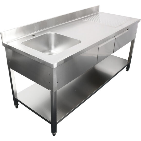 Kaupallinen pesuallas, jossa on 2 laatikkoa, Ruostumaton teräs, 1 allas, Vasemmalla, Alahylly, Roiskesuoja, 1800x600x900mm | Adexa DSA180602DL