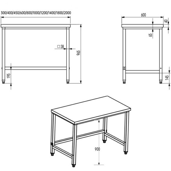 Kaupallinen työtaso ruostumatonta terästä ilman alahyllyä 300x600x965mm | Adexa DW3060WO - Image 2