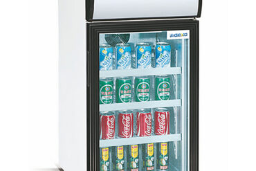 Kaupallinen pullokylmälaukku Mini 50 litraa Staattinen jäähdytys Saranoitu lasiovi Musta/Valkoinen Katoksen valo | Adexa LG50