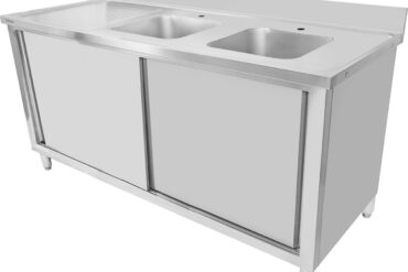 Kaupallinen kaksoisallas kaappi ruostumatonta terästä 1500x600x900mm 2 altaita roiskesuoja | Adexa DSD15602DR