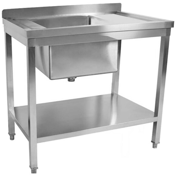Kaupallinen pesuallas ruostumatonta terästä 800x600x900mm 1 allas vasemmalla roiskesuoja alahylly | Adexa STD08060L