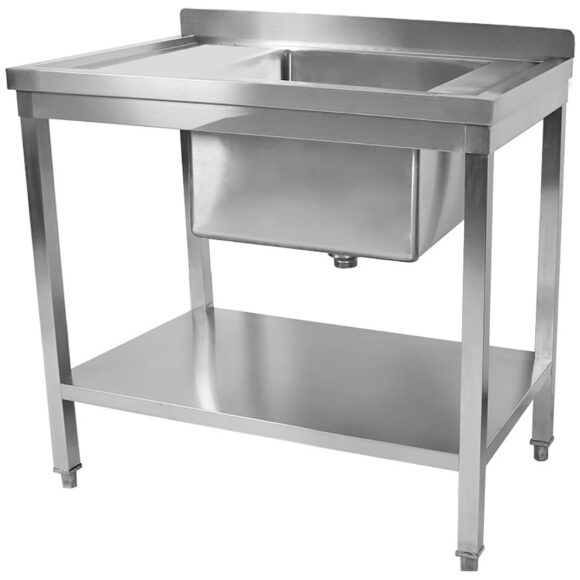 Kaupallinen pesuallas Ruostumaton teräs 800x600x900mm 1 allas oikea Roiskesuoja Alahylly | Adexa STD08060R