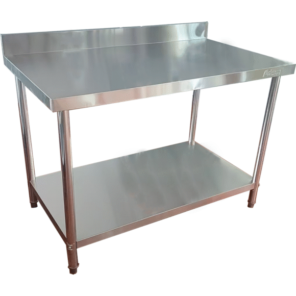 Kaupallinen työpöytä Alahylly Taustalevy Ruostumaton teräs Pyöreät jalat 900x700x900mm | Adexa QNH1152