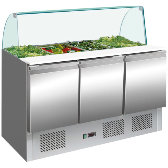 Saladette-valmistuspöytä lasikannella 1365x700x1350mm 3 ovea | Adexa THS903CG