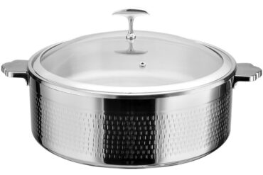 Tarjoilu- ja Chafing-astia lasikannella & ruostumattomasta teräksestä valmistetulla sisäosalla, kolmikerroksinen vasaroitu pinta ⌀320x120mm ruostumaton teräsviimeistely | Adexa E0312001