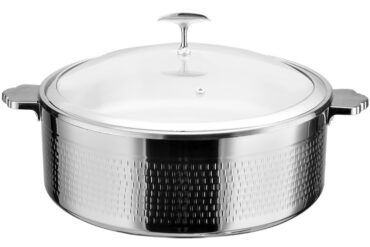 Tarjoilu- ja haudutuspata lasikannella ja keraamisella sisuksella, kolmikerroksinen vasaroitu pinta ⌀320x120mm ruostumaton teräs | Adexa E0312001M