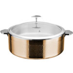 Tarjoilu- ja haudutuspata lasikannella ja ruostumattomasta teräksestä valmistetulla sisäosalla, kolmikerroksinen vasaroitu pinta ⌀320x120mm kupari | Adexa E0312010