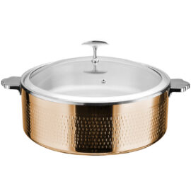 Tarjoilu- ja haudutuspata lasikannella ja ruostumattomasta teräksestä valmistetulla sisäosalla, kolmikerroksinen vasaroitu pinta ⌀320x120mm kupari | Adexa E0312010