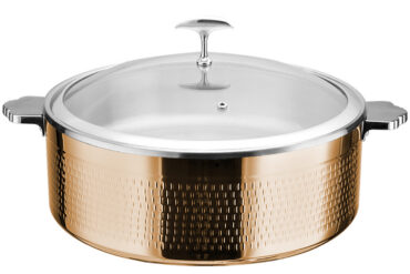 Tarjoilu- ja haudutuspata lasikannella ja ruostumattomasta teräksestä valmistetulla sisäosalla, kolmikerroksinen vasaroitu pinta ⌀320x120mm kupari | Adexa E0312010