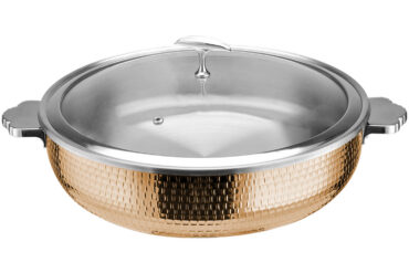 Tarjoilu- ja lämpöastia lasikannella ja ruostumattomalla sisäosalla, kolmikerroksinen vasaroitu pinta ⌀320x90mm kupari | Adexa E0312210