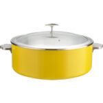 Tarjoilu- ja lämpöastia lasikannella & ruostumattomasta teräksestä valmistettu sisäosa Kolmikerroksinen väripinnoitettu pinta ⌀320x120mm Keltainen | Adexa E0912005